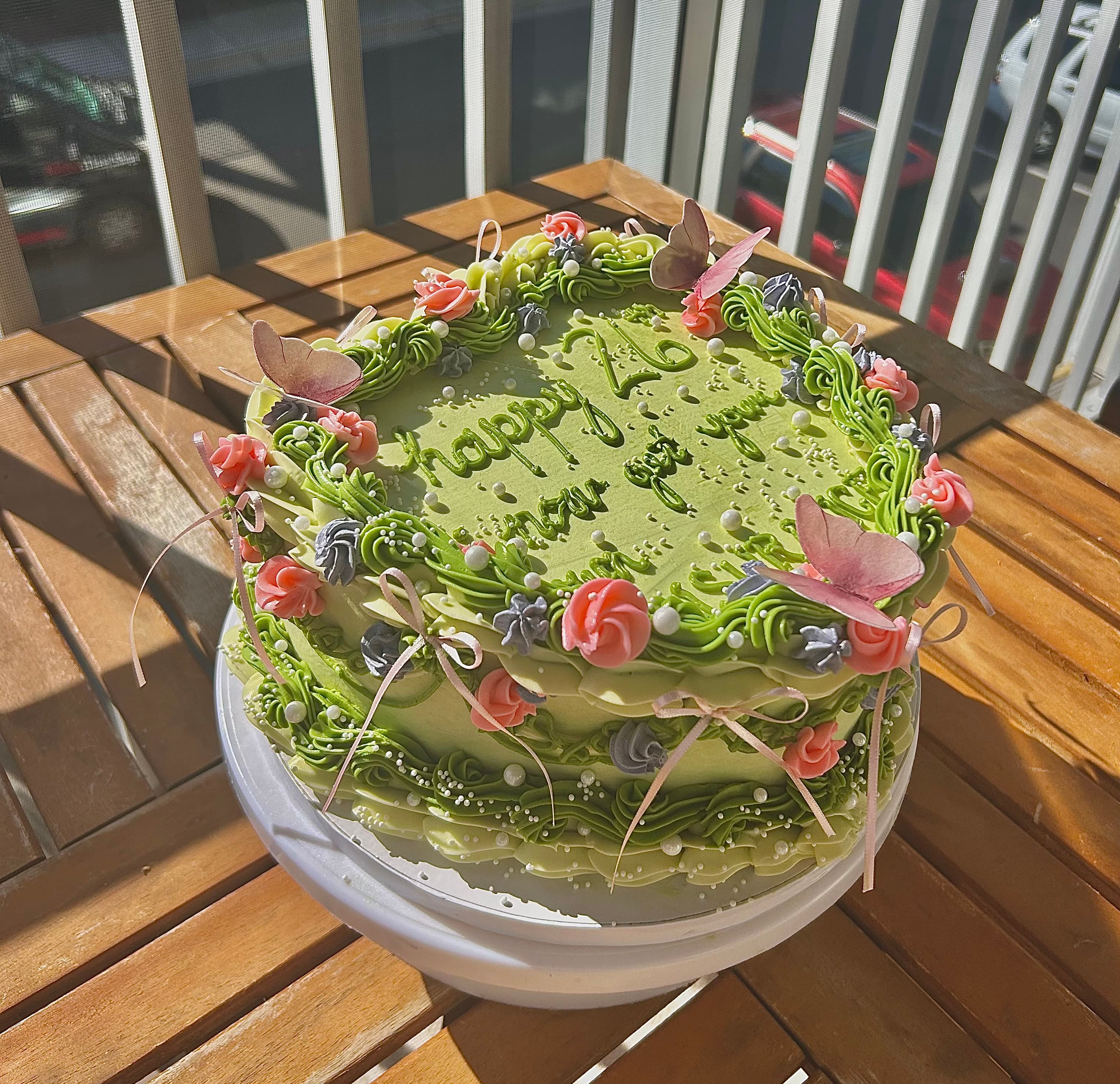 Green flower decorated custom cake