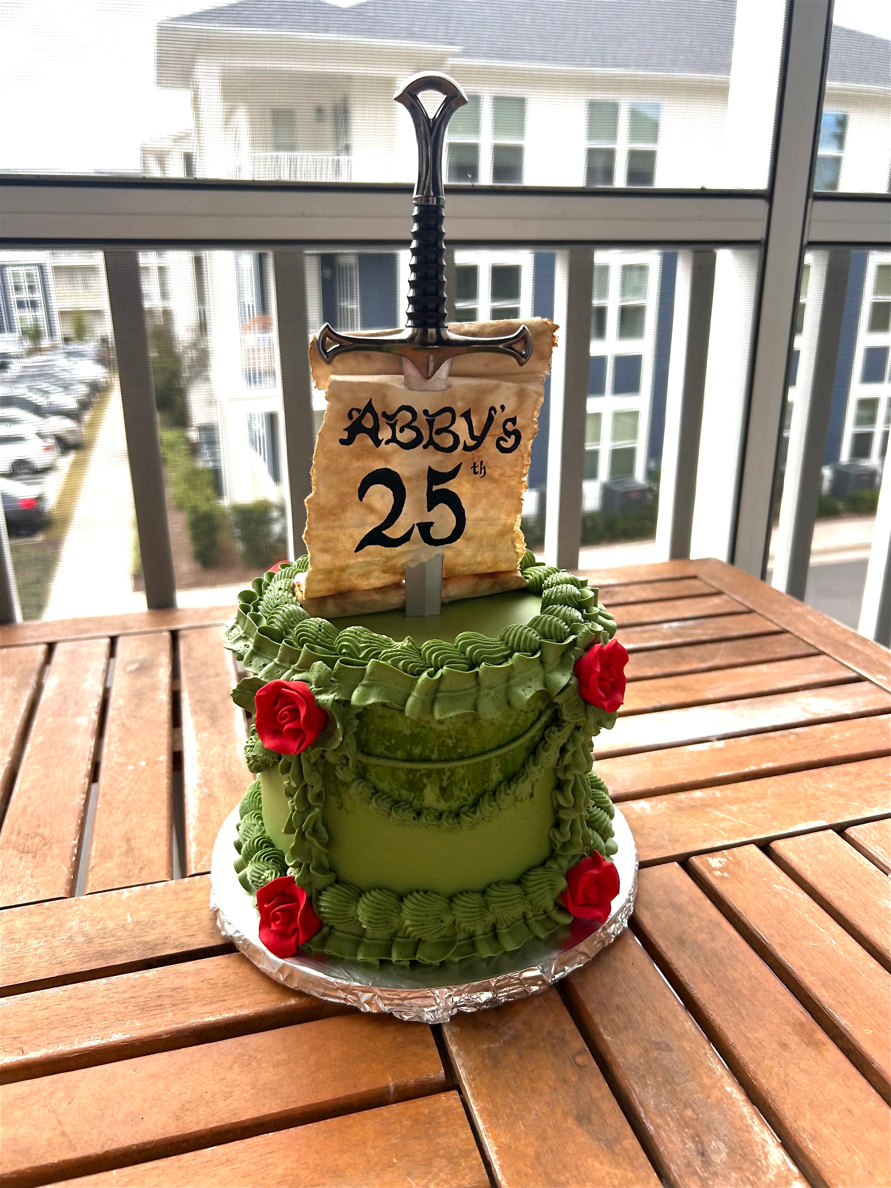Green and red rose custom cake
